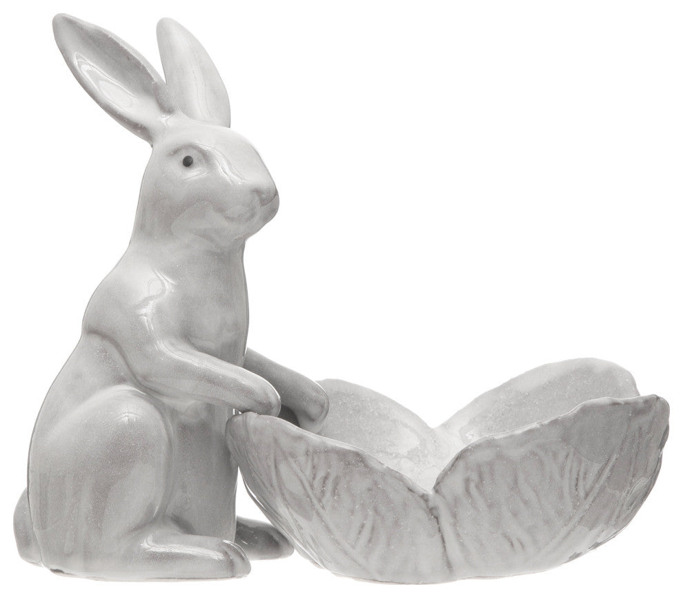 Stoneware Rabbit Figurine with Flower Shaped Bowl, White