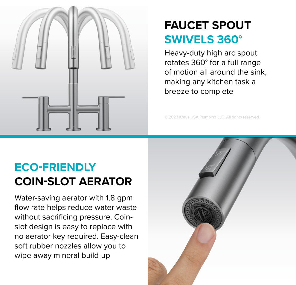 KRAUS Oletto 2-Function Pulldown 3-Hole Bridge Kitchen Faucet, Spot Free ACB