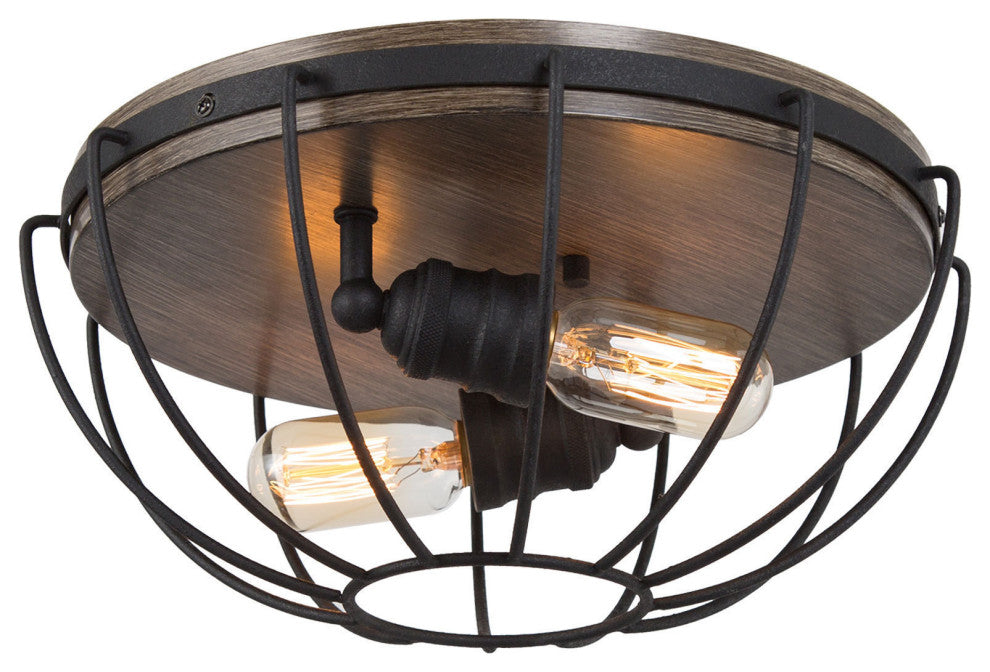 LNC Farmhouse 2-Light Balck Cage Flush Mount Ceiling Light With Wood Accent