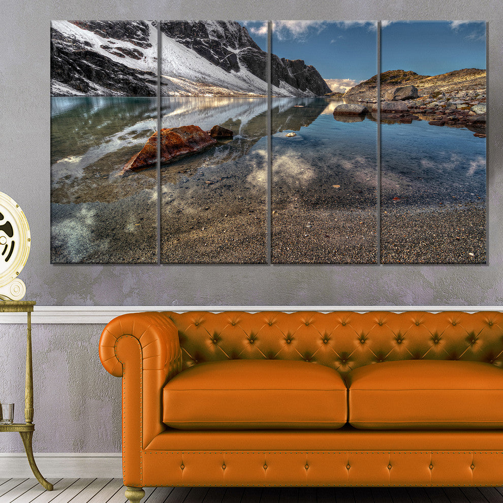 Sapphire Mountain Lake View, Landscape Canvas Art Print, 48"x28", 4 Panels
