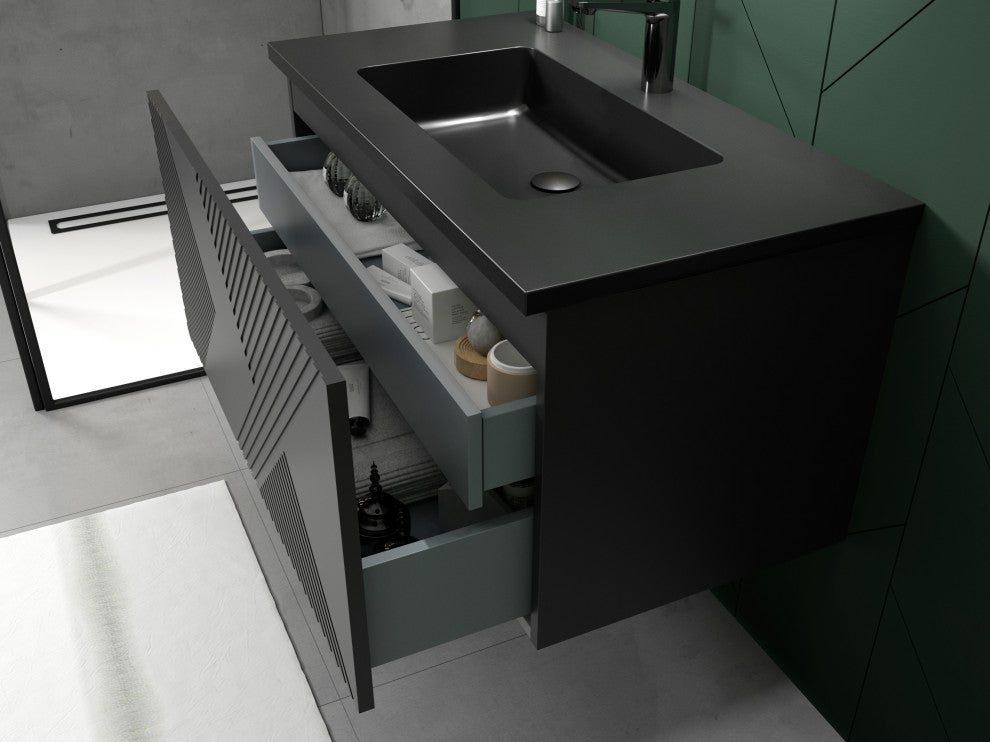 Matte Black Wall Mount Bath Vanity, Integrated Sink, Black Sink, 36"