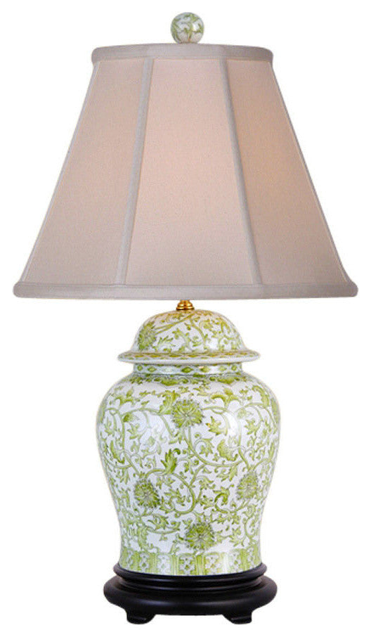 Green and White Floral Pattern Porcelain Temple Jar Table Lamp 29"