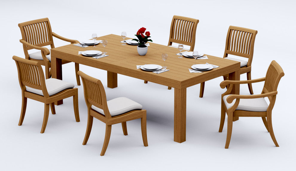 7-Piece Outdoor Teak Dining Set, 86" Rectangle Table, 6 Arbor Stacking Chairs
