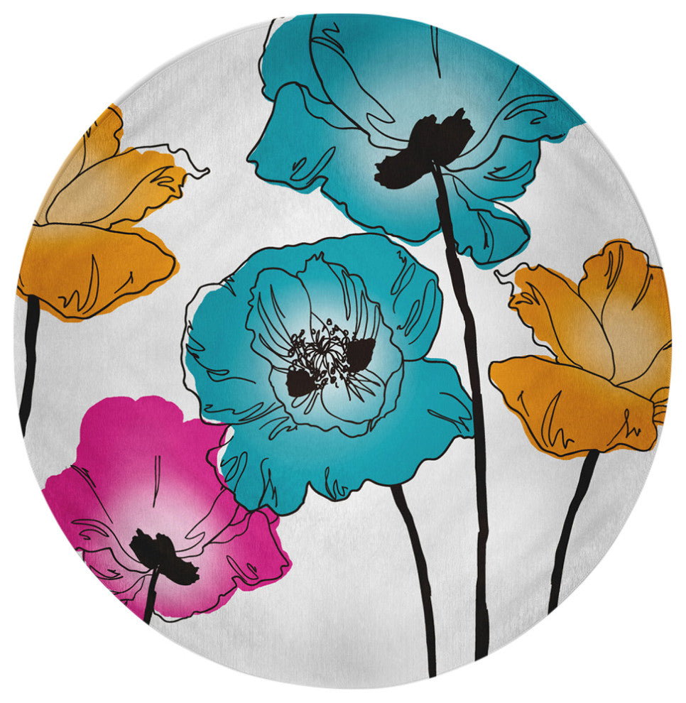 Popping Poppies Spring Chenille Rug, Blue, 5' Round