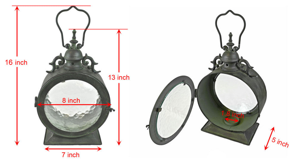 Metal Round Hanging Candle Lantern, Curved Glass Insert