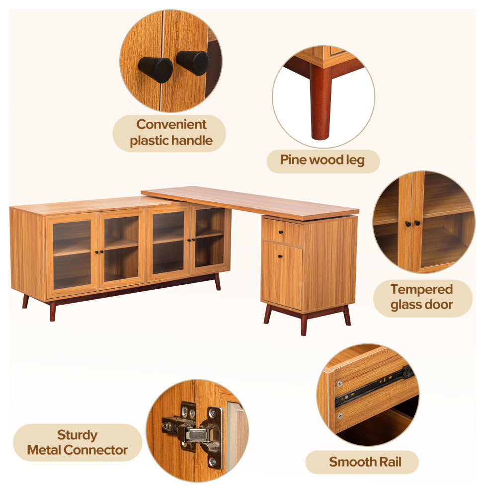 Modern L-shaped Executive Desk, Delicate Tempered Glass Cabinet Storage, Teak