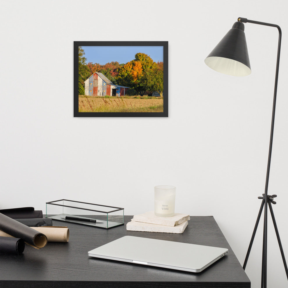 Patriotic Barn in Field Rural Landscape Framed Photo Paper Wall Art Prints, Black, 11" X 14"