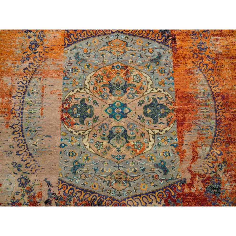 Orange Ancient Ottoman Erased Design Wool Hand Knotted Round Rug 10'x10'