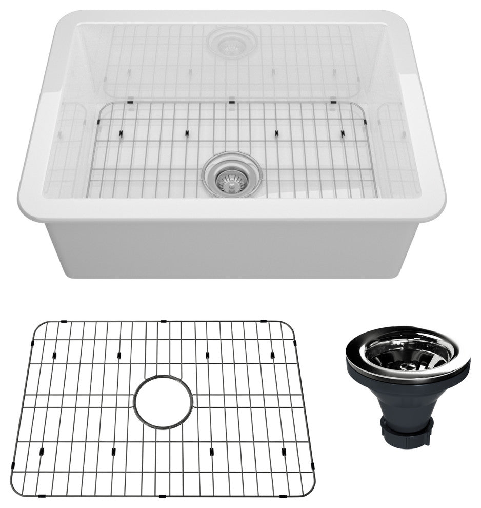 27in Undermount Single Bowl Fireclay Kitchen Sink with Grid and Drainer, Glossy White