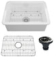 27in Undermount Single Bowl Fireclay Kitchen Sink with Grid and Drainer, Glossy White