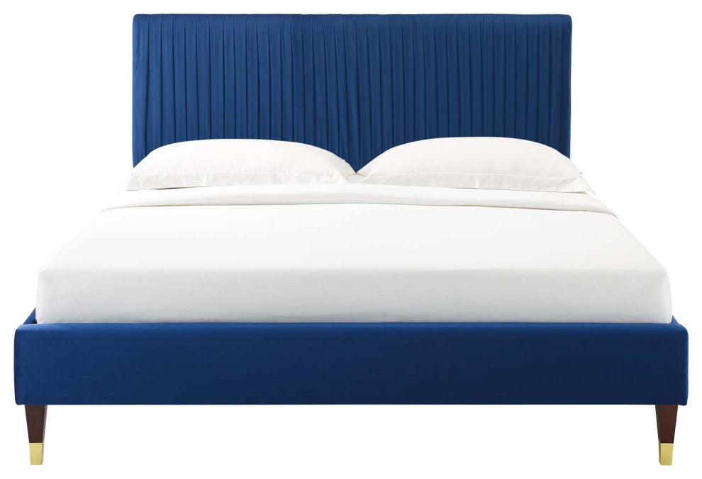 Platform Bed Frame, Queen Size, Velvet, Blue Navy, Modern Contemporary, Bedroom