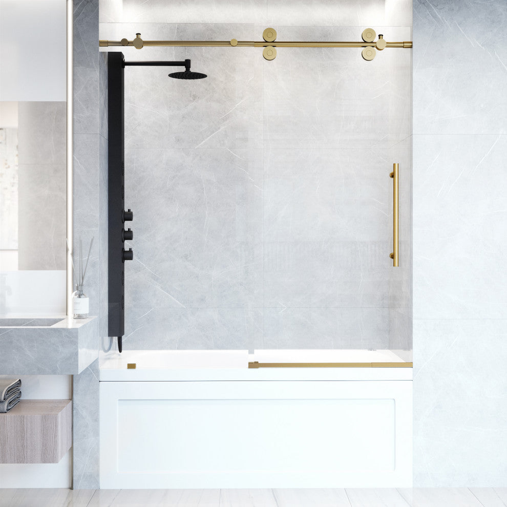 VIGO Elan 56" to 60" W x 66" H Frameless Sliding Tub Door, Matte Gold, Laminated Glass