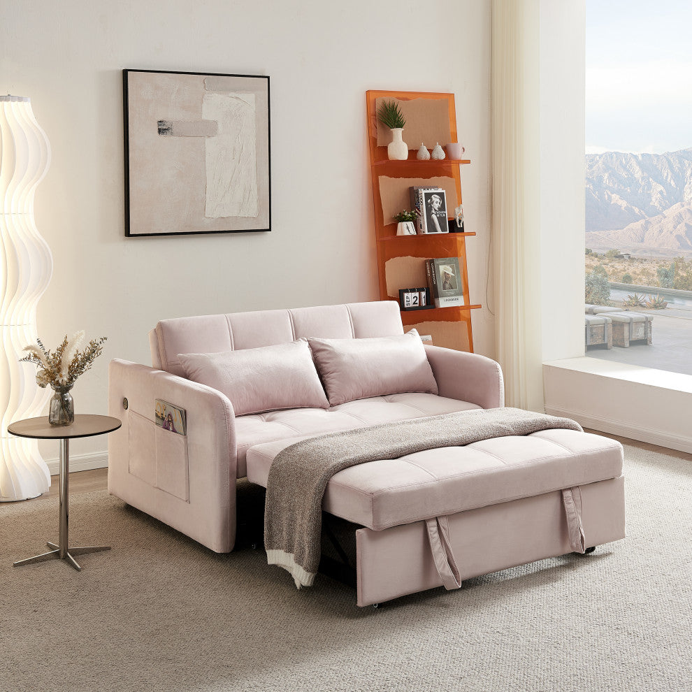 TATEUS 55.5" Twins Pull Out Sofa Bed Velvet for Small Room Pink