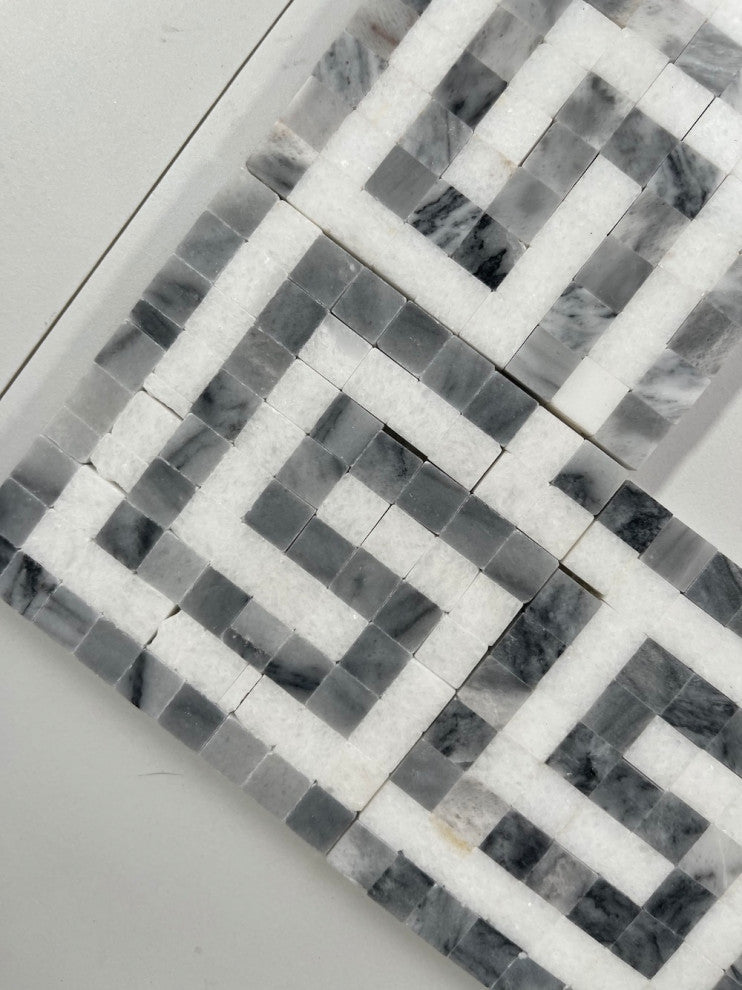 Greek Key Thassos White Bardiglio Gray Marble Mosaic Border Tile, 1 piece