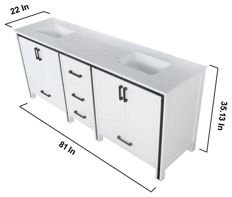 Ziva White 80" Double Vanity, Cultured Marble Top, 30" Mirrors