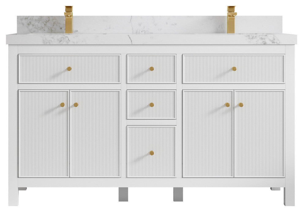 Sonoma 60 Double Sink Reeded Bathroom Vanity in White 2" Calacatta Nuvo