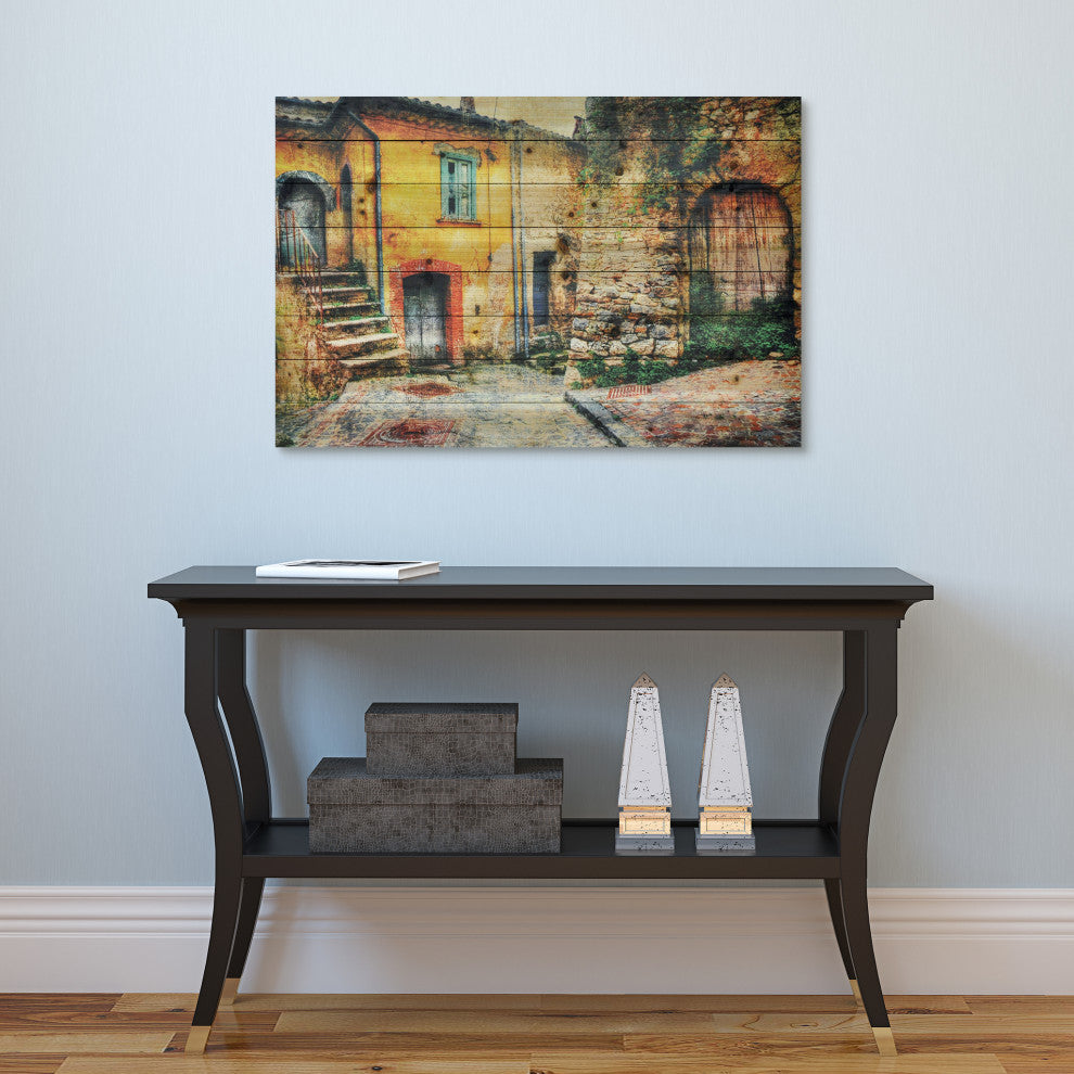 "Old Town" Wall Art Giclee Printed On Solid Fir Wood Planks