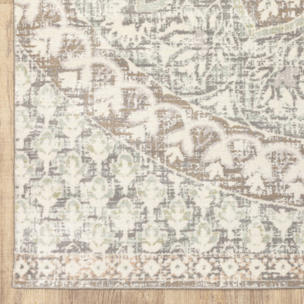 HomeRoots 5' x 8' Ivory Grey Distresed Oversize Medallion Indoor Area Rug