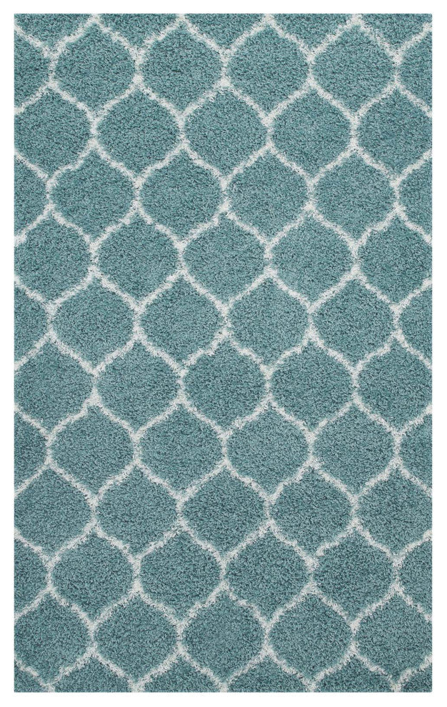 Aqua Blue and Ivory Solvea Moroccan Trellis 8x10 Shag Area Rug