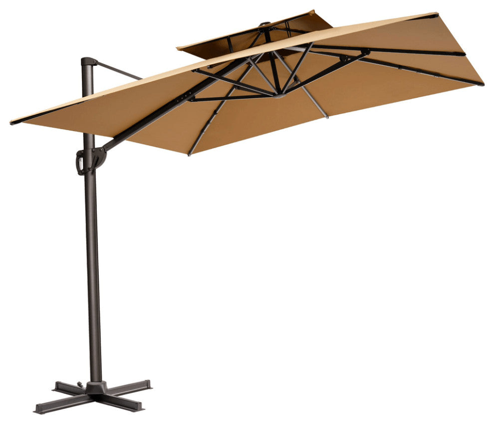11' Tan Polyester Round Tilt Cantilever Patio Umbrella With Stand