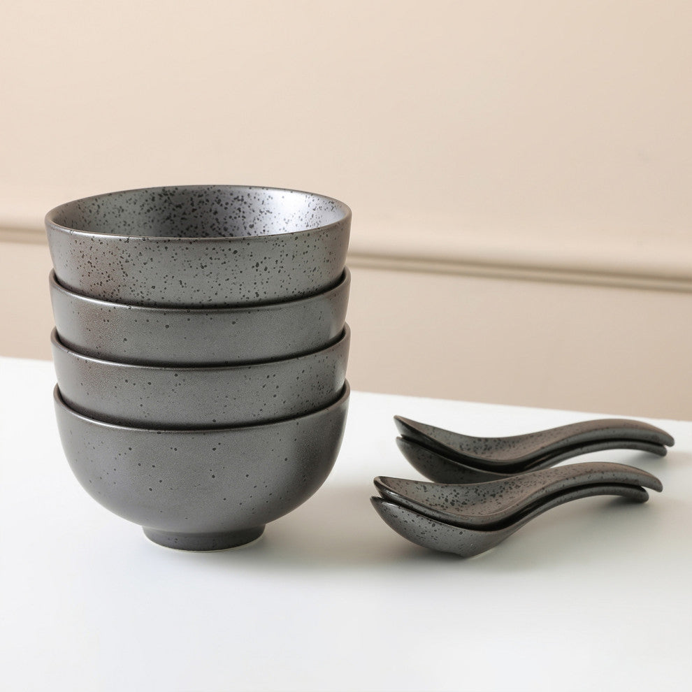 8-Piece Stone Lain Valencia Porcelain Serving Bowl and Spoon Set, Metallic Gray