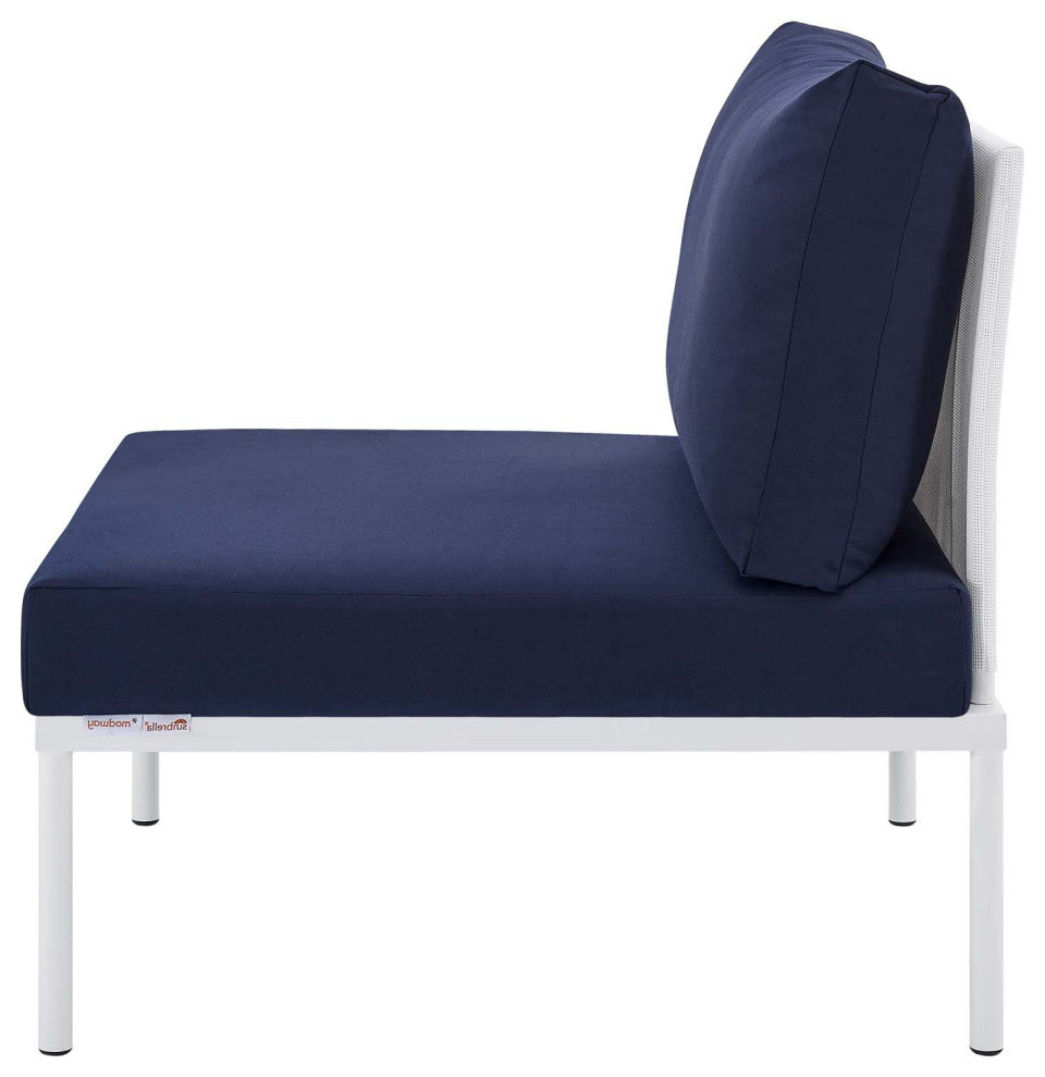 Sectional Sofa Chair Table Set, Sunbrella, Aluminum, White Blue Navy, Outdoor