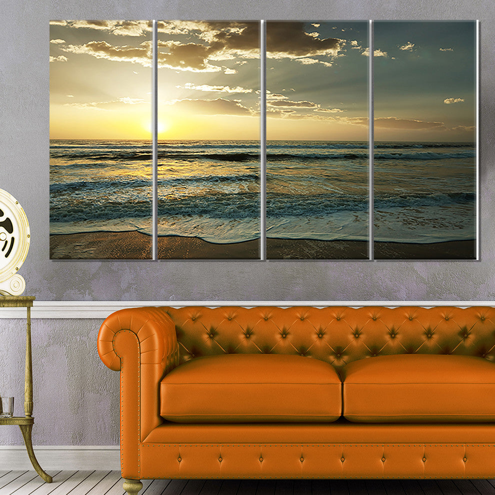 Dark Beach and Waves At Sunset, Beach Photo Canvas Print, 48"x28", 4 Panels
