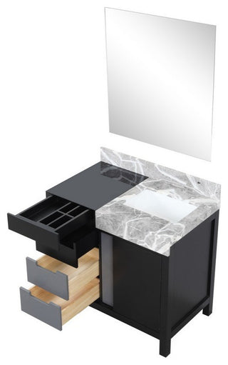 Zilara 36" Black and Grey Vanity, Castle Grey Marble Top, 30" Frameless Mirror