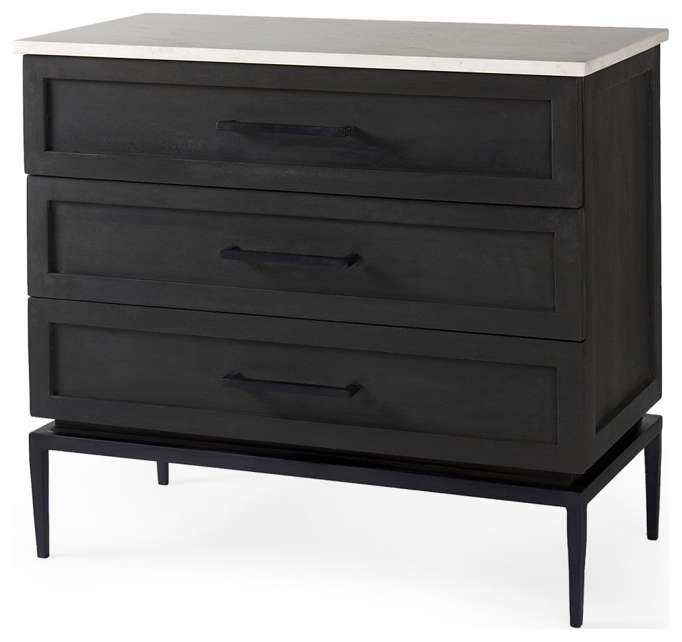 Divina Black-Brown Wood, White Marble Top and Black Metal Base Accent Cabinet