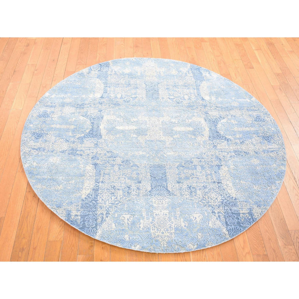 Blue Hand Knotted Wool and Pure Silk Jewellery Design Oriental Rug, 6'0"x6'0"