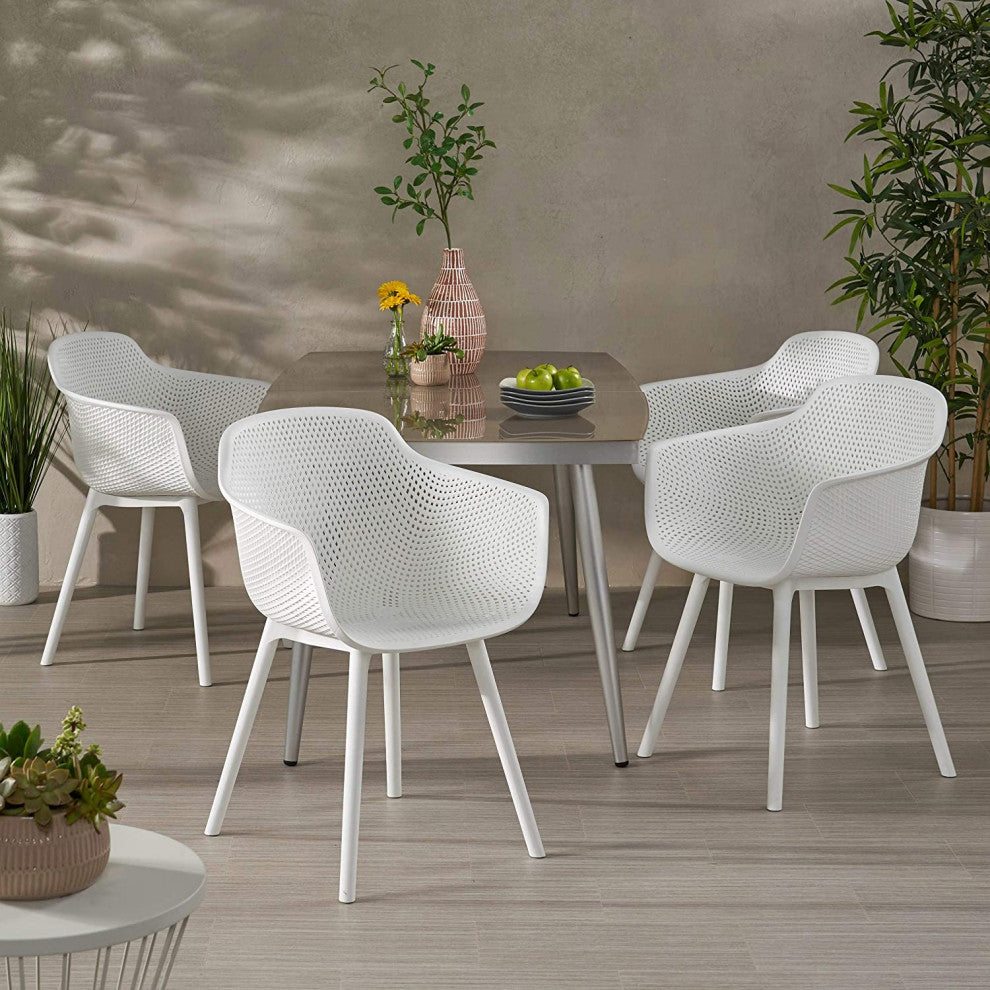 Set of 4 Dining Chair, Modern Minimalist Design With Mesh Plastic Seat, White