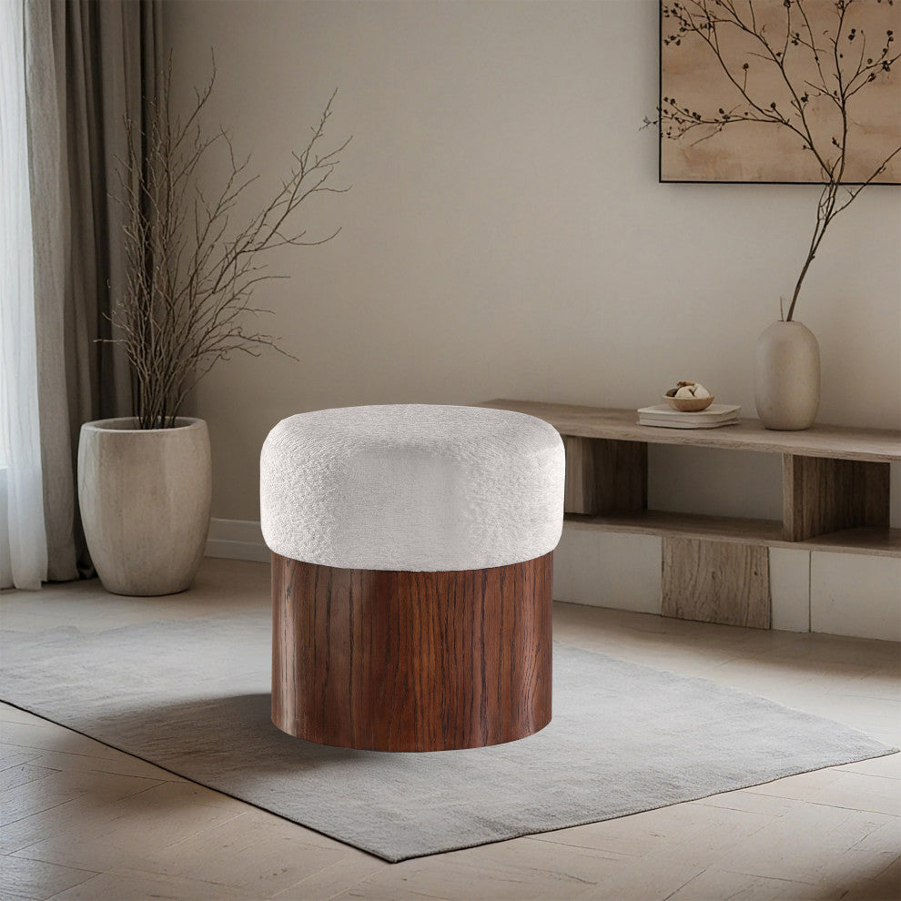 Nimes Upholstered Ottoman, Cream, Velour Fur, Walnut Finish