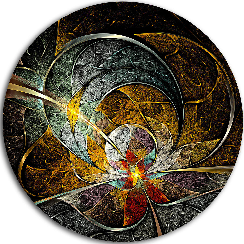 Symmetrical Yellow Digital Flower, Floral Round Metal Wall Art, 11"