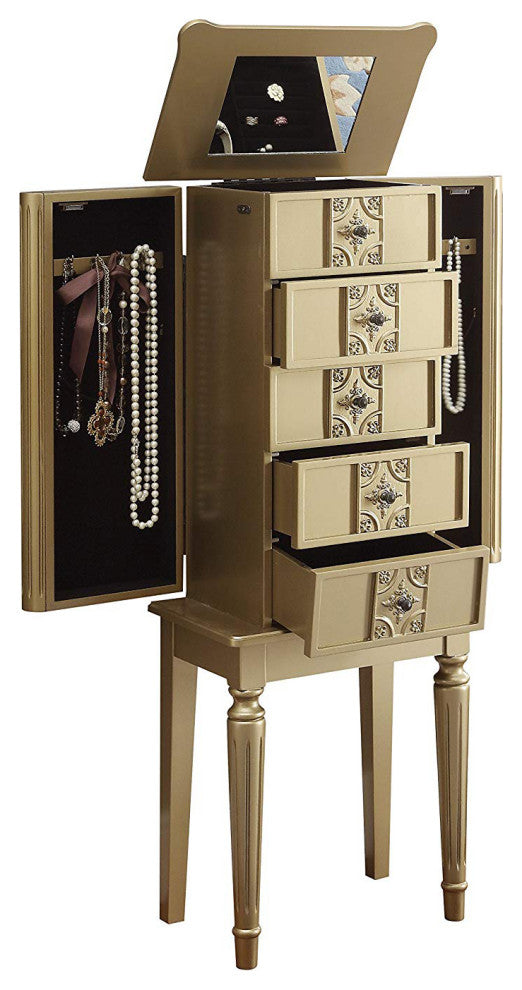 Benzara BM177734 Wood Jewelry Armoire With 5 Drawers in Gold