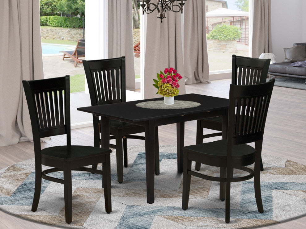 5Pc Dinette Set 4 Wood Dining Chairs, Butterfly Leaf Dining Table, Black