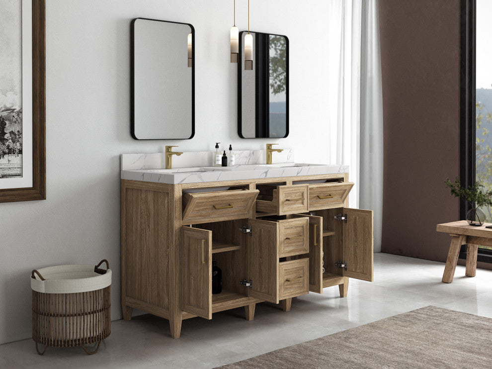 Santa Monica 60 Double Sink Bathroom Vanity in Whitewashed Teak 2" White Quartz
