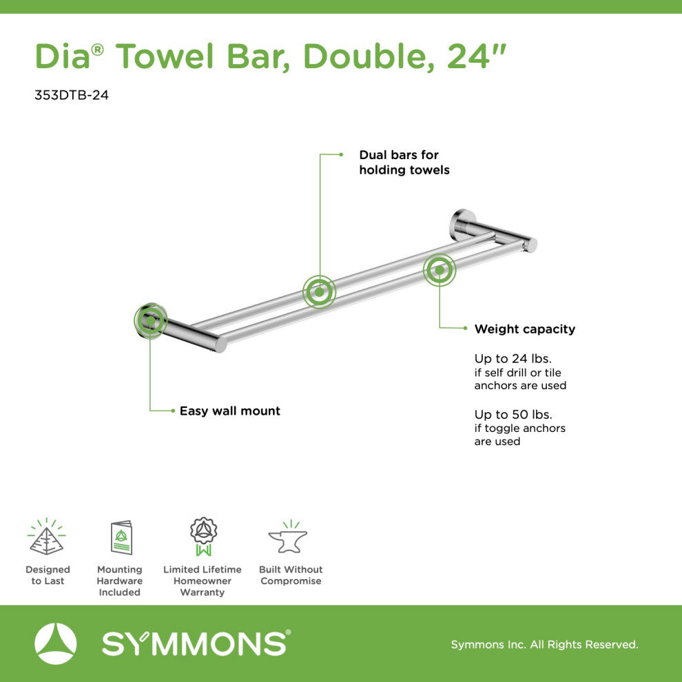 Dia 24 Inch Double Towel Bar with Mounting Hardware, Polished Chrome