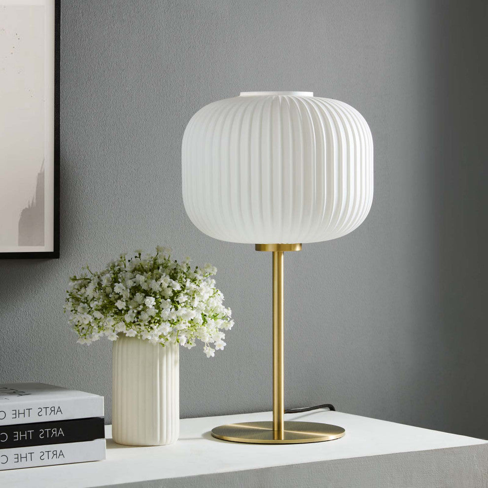 Table Lamp, White Gold, Glass, Modern, Mid Century Cafe Bistro Hospitality