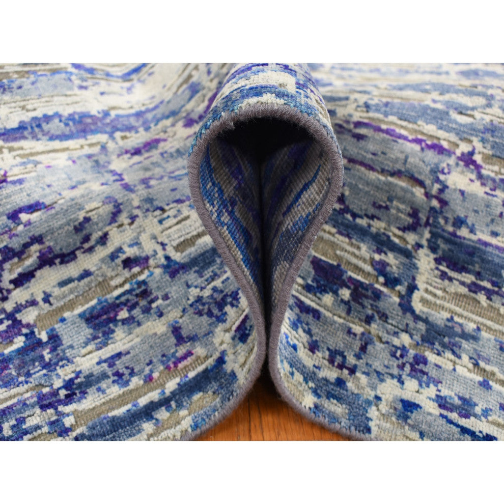 Indigo Color, Diminishing Bricks, Sari Silk, Hand Knotted, Rug, 10'2"x13'10"