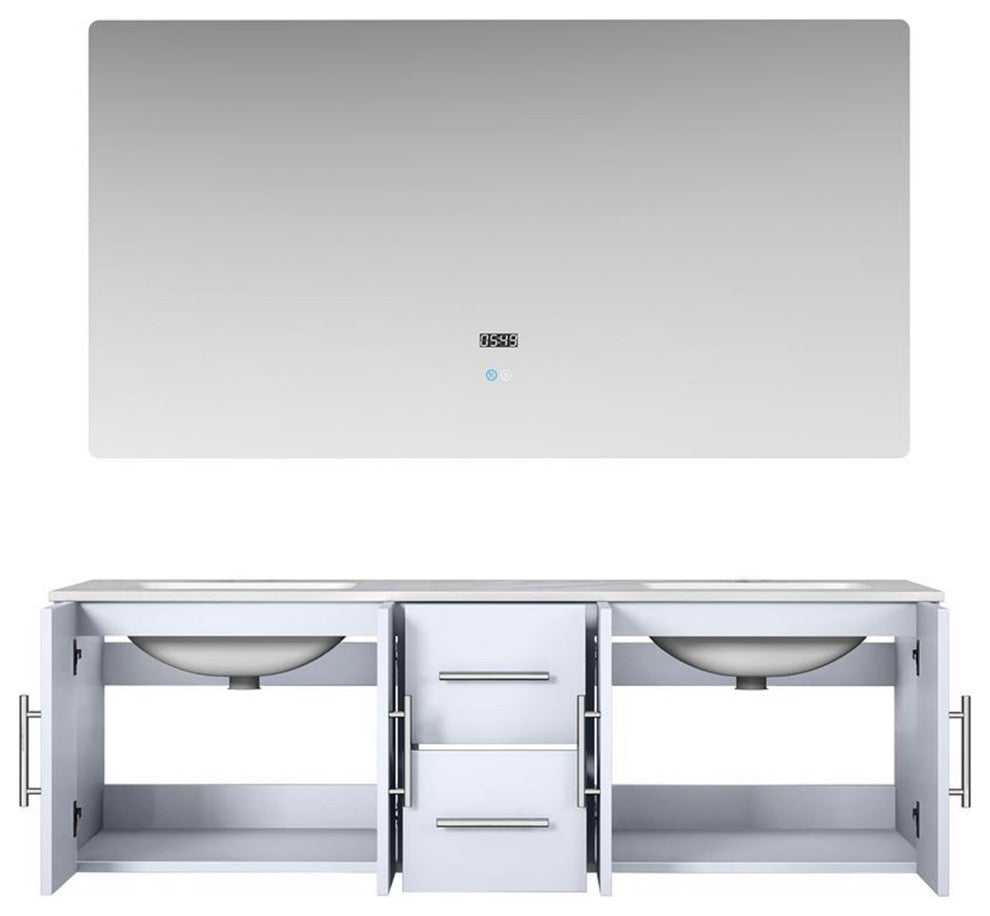 Geneva Transitional Glossy White 60" Double Vanity with 60" Led Mirror