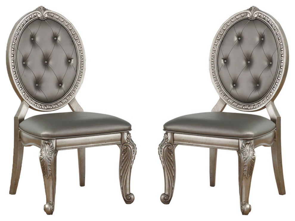 Set of 2 PU Upholstered Side Chair, Antique Silver Finish