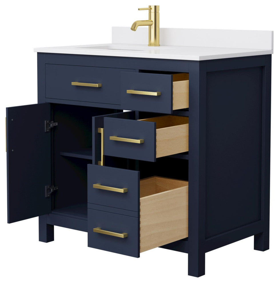 Beckett 36" Dark Blue Single Vanity, White Cultured Marble Top, Gold Trim