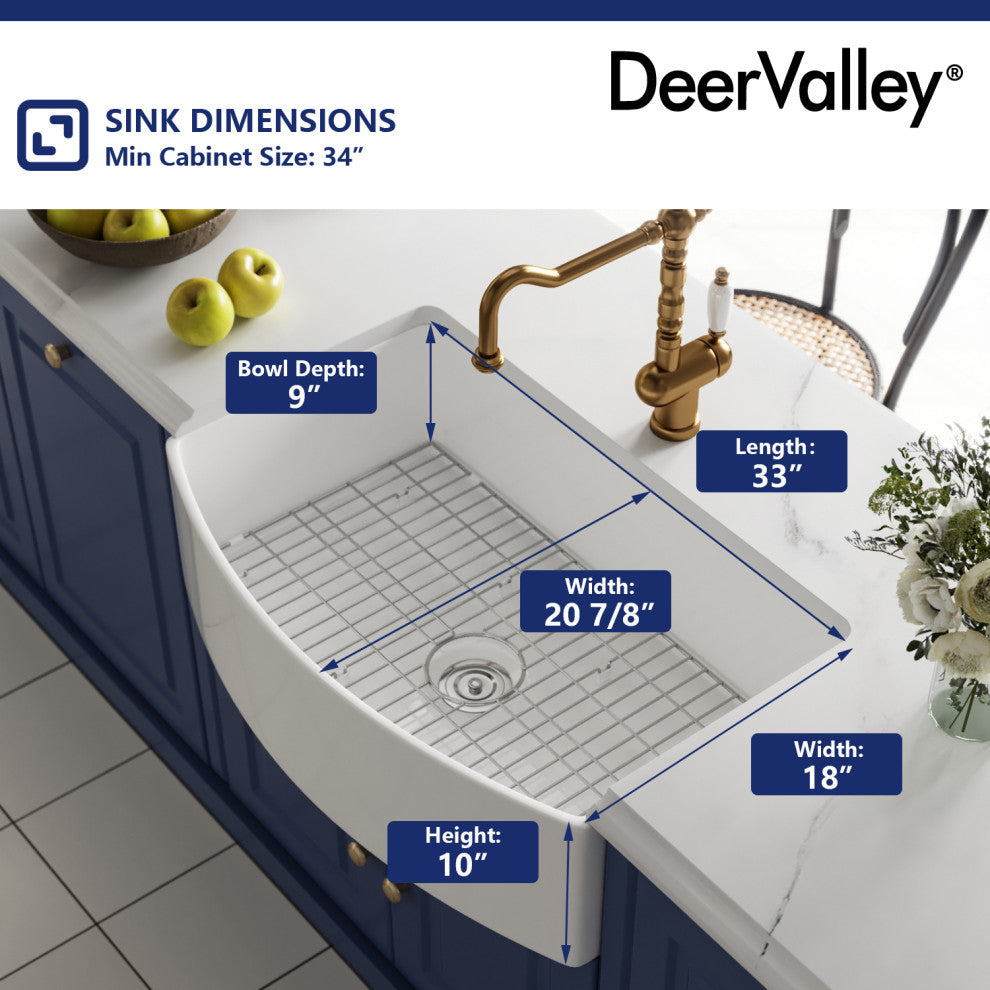 33" x 21" Farmhouse Ceramic Rectangular Kitchen Sink with Sink Grid and Strainer