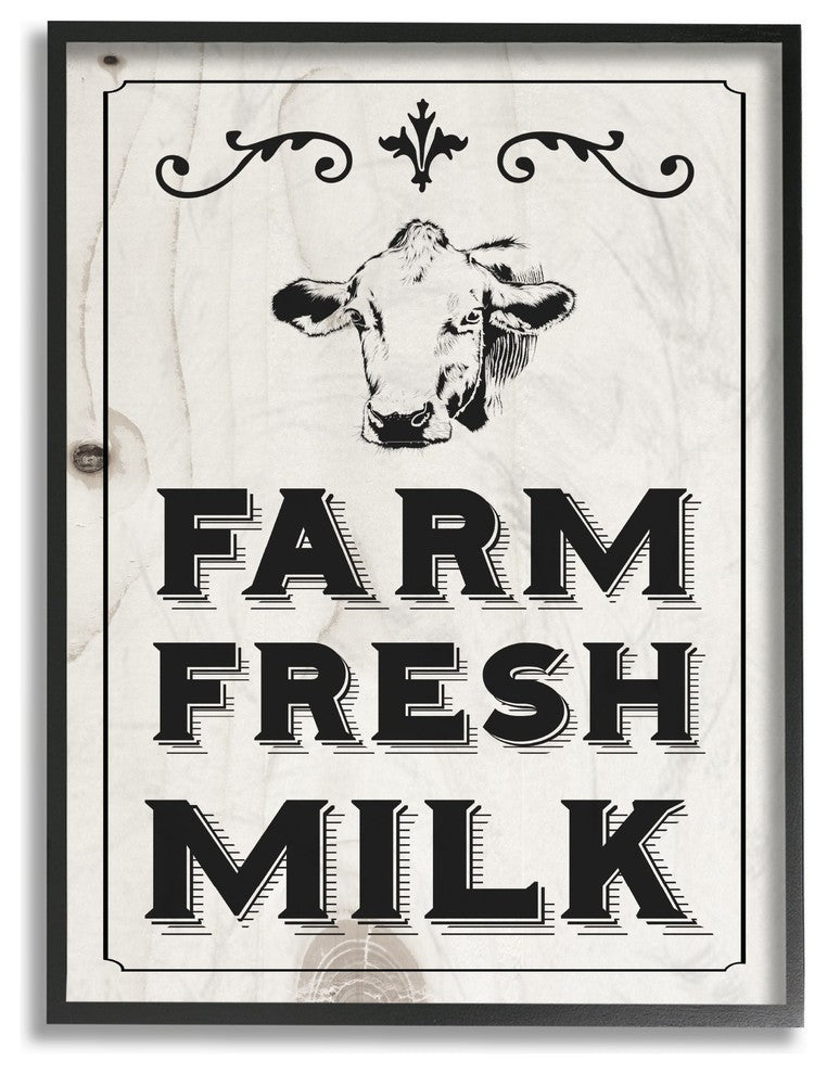 Black & White Farm Fresh Country Milk Cow Oversized Framed Giclee Art, 16"x20"
