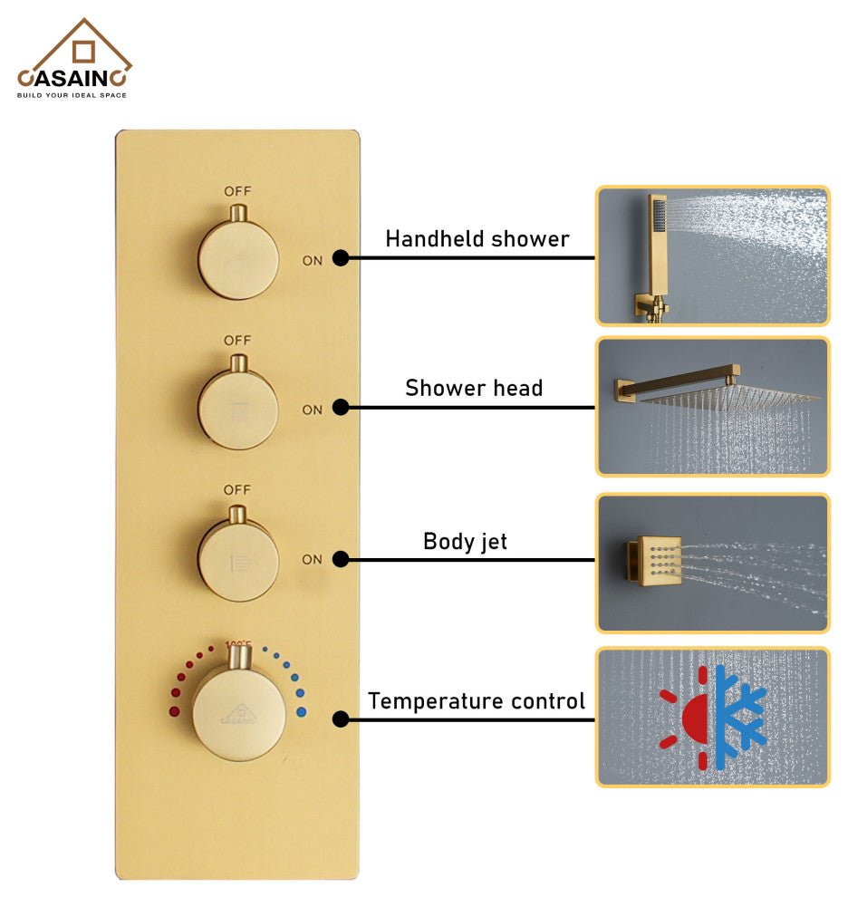 CASAINC 12" Wall Mounted Luxury Shower System Set w 6 Body Jets, Brushed Gold