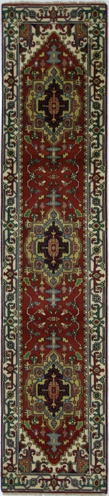 Heriz Serapi Red and Ivory Border Hand-Knotted Wool Rug, 3'x12'