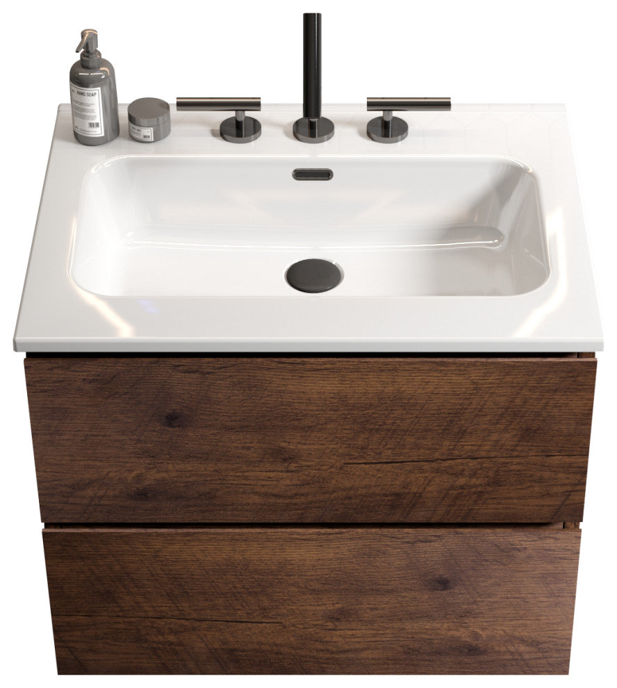 Wall-Mounted Bathroom Vanity Set with Ceramic Sink with three faucet holes, Walnut, 24"