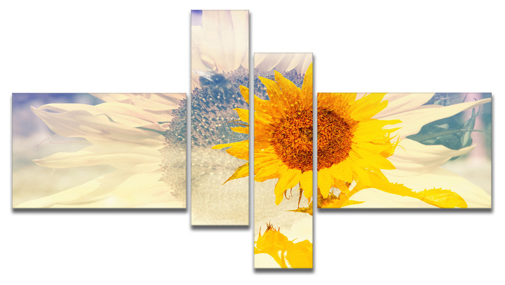 Double Exposure Yellow Sunflowers, Floral Canvas Art Print, 60"x32", 4 panels