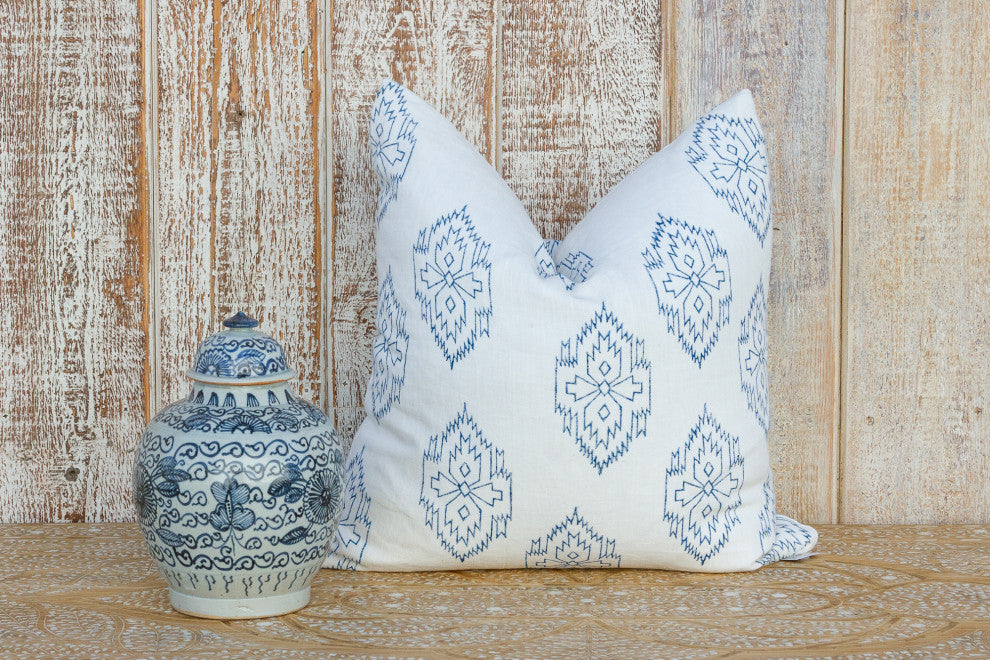 White Chimalli Aztec Block Print Pillow