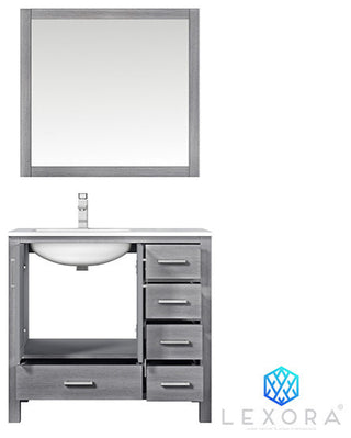 Jacques 36" Vanity, Wht Carrara Marble Top w/ 34" Mirror, Distressed Grey, Left